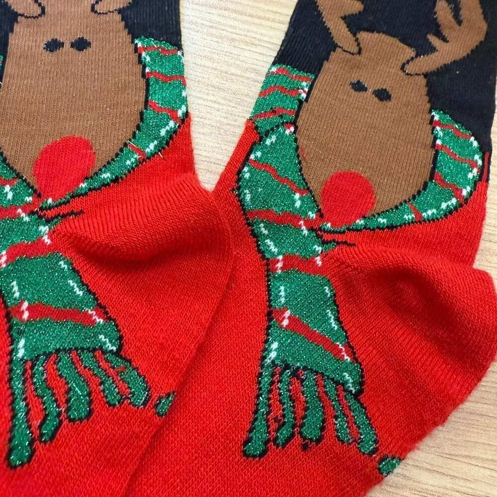 Holiday Reindeer Knit Socks Festive Glittery Scarf Design Christmas Red Black